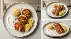 Knusprige Lachsfrikadellen mit Kartoffeln – dazu Sauerkraut und schneller Quarkdip