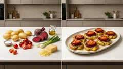 Quetschkartoffeln aus dem Ofen: knusprige Kartoffeln mit Roter Bete, Tomaten und Gouda