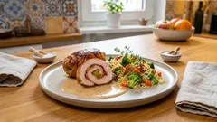 Putenrouladen mit Gemüsereis: saftig gefüllt und in cremiger Schmand-Sauce