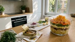 Schichtsalat mit Schprotten: einfacher Partyklassiker, der alle am Tisch überrascht