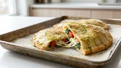 Ofen-Chebureki aus Hähnchenbrust: knusprige Taschen mit Pesto, Tomate und Mozzarella